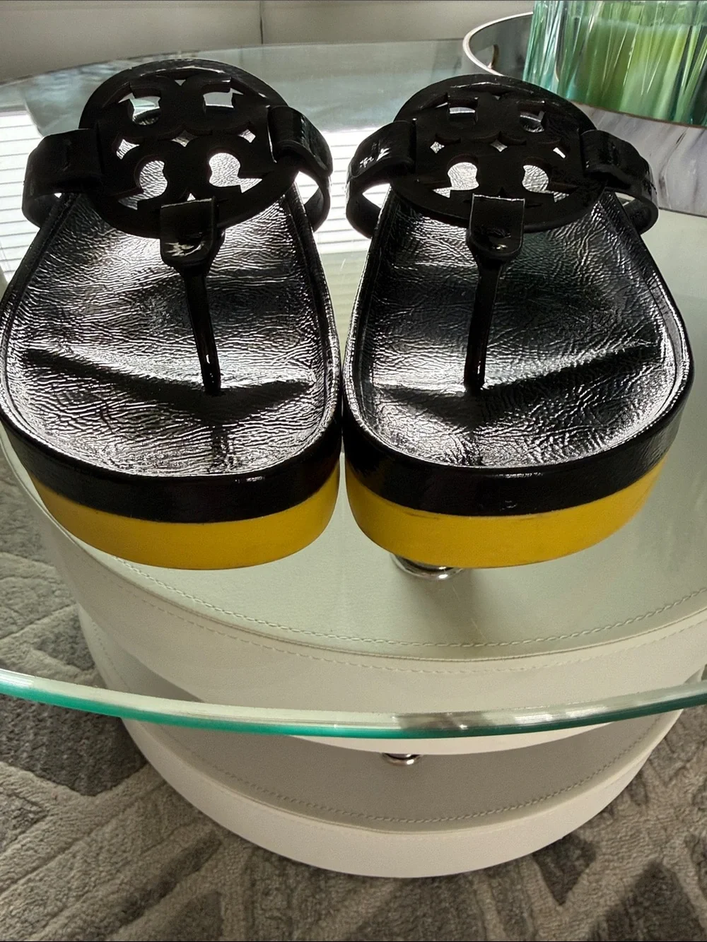 Tory Burch Miller Cloud Lug Sandal Black Patent Thong with Yellow Platform 10